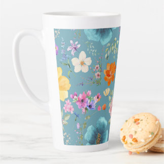 Caneca De Café Latte Flores De Vidro De Teal Aquarela Latte De Café