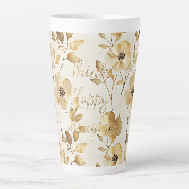 Caneca De Café Latte Flores Douradas Pensamentos Inspiradores Felizes (Frente)