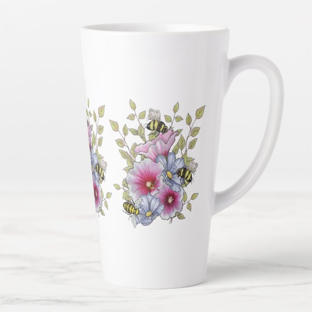 Caneca De Café Latte Flores e Abelhas, Arte Botânica à Mão Livre (Direita)