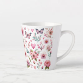 Caneca De Café Latte Flores e Borboletas Rosa