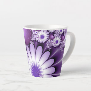Caneca De Café Latte Flores e Corações Abstratos em Fractal ao Cair no 