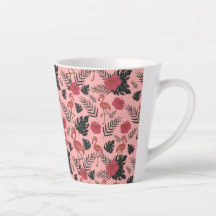 Caneca De Café Latte Flores e folhas de padrão uniforme, cor-de-rosa,