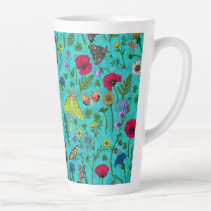 Caneca De Café Latte Flores e mariposas selvagens em teal