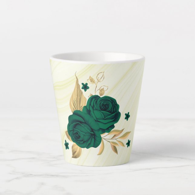 Caneca De Café Latte flores esmeralda verde folhas douradas mármore (Frente)