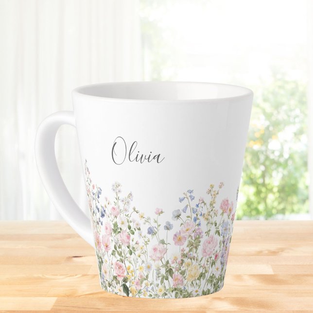 Caneca De Café Latte Flores Florais Rosa Azul Monograma Aquarela  (In situ)