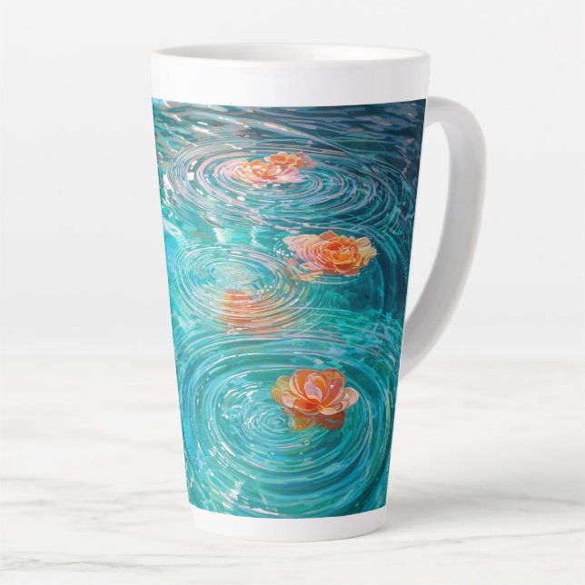 Caneca De Café Latte Flores Flutuando na Água (Ângulo direito)