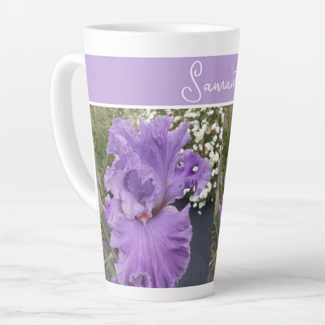 Caneca De Café Latte Flores Íris Lavandas Roxas Flores Lilases (Ângulo esquerdo)