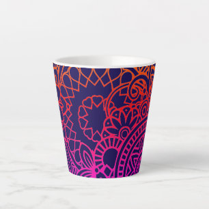 Caneca De Café Latte Flores Laranja Roxo e Fundo Azul Marinho