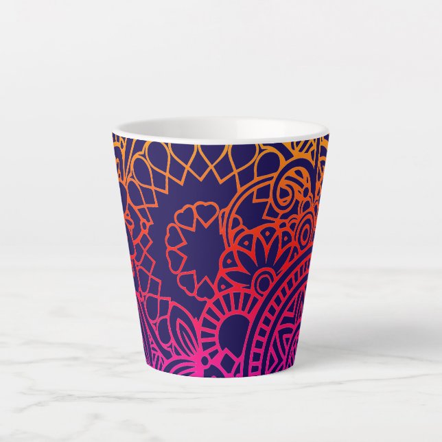 Caneca De Café Latte Flores Laranja Roxo e Fundo Azul Marinho (Frente)