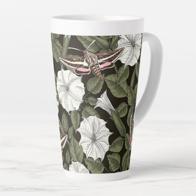 Caneca De Café Latte Flores-lua e mariposas esfinas (Ângulo direito)