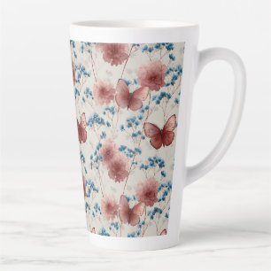 Caneca De Café Latte Flores Primaveris Vintage e Borboletas Rosadas