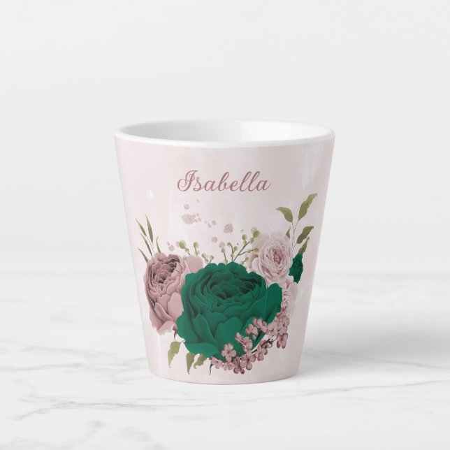 Caneca De Café Latte flores rosa esmeralda verde (Frente)