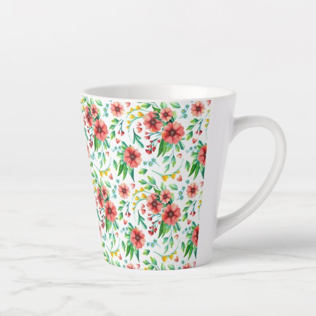 Caneca De Café Latte Flores Rosa Pintadas À Mão Padrão Floral- 23498 (Direita)
