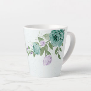 Caneca De Café Latte flores roxas azuis românticas folhagem