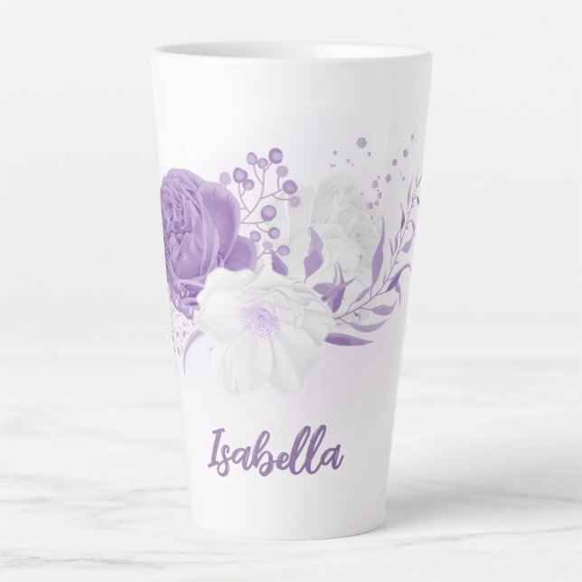 Caneca De Café Latte Flores roxas e brancas românticas (Frente)