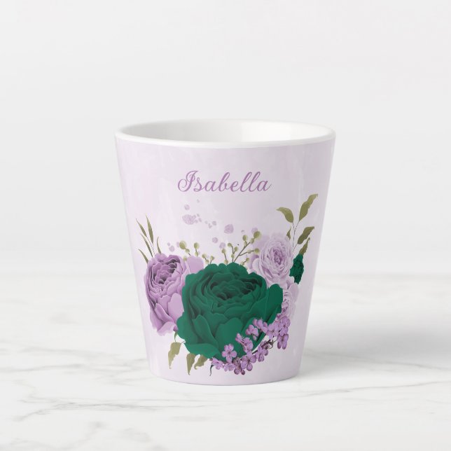 Caneca De Café Latte flores roxas esmeralda verde  (Frente)