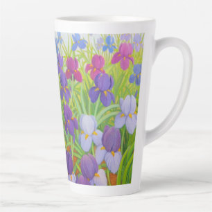 Caneca De Café Latte Flores Roxas Iris Pintura De Arte Fina
