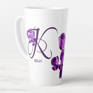 Caneca De Café Latte Flores roxas personalizáveis Kelly name Trendy Boh