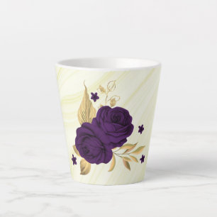 Caneca De Café Latte flores roxas reais folhas douradas mármore