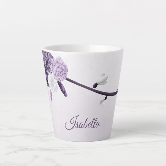 Caneca De Café Latte flores roxas românticas botânicas (Frente)