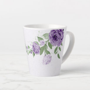 Caneca De Café Latte flores roxas românticas folhagens