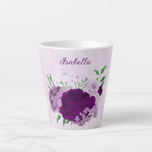 Caneca De Café Latte Flores roxas românticas folhagens  (Frente)
