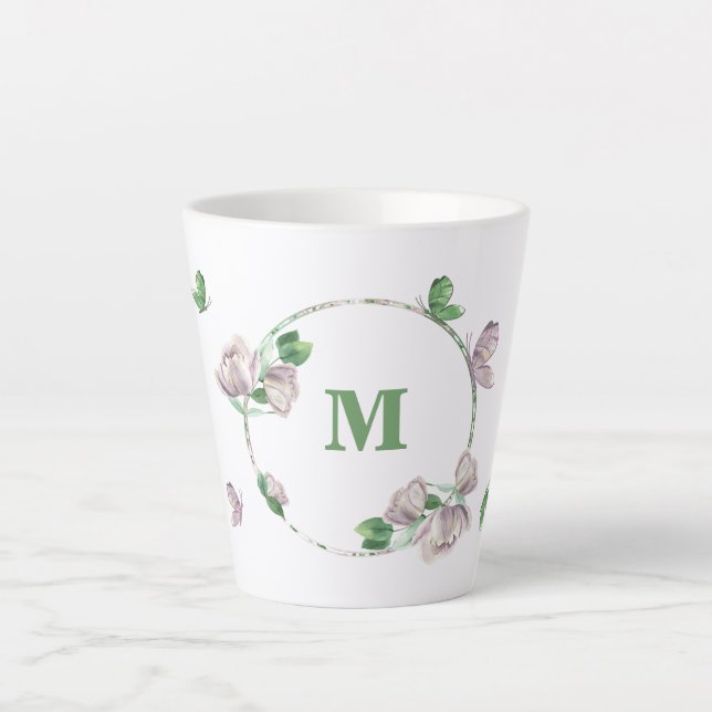 Caneca De Café Latte flores roxas verde borboletas  (Frente)
