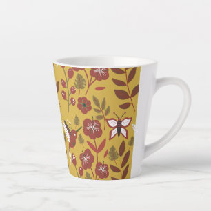 Caneca De Café Latte Flores sem costura, borboletas, vermelhas