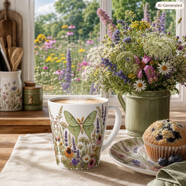 Caneca De Café Latte Flores Silvestres de Prado Mariposa Luna Botânica  (Criador carregado)