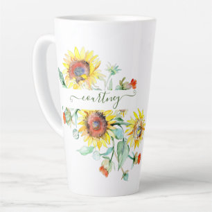 Caneca De Café Latte Flores solares de aquarela personalizadas