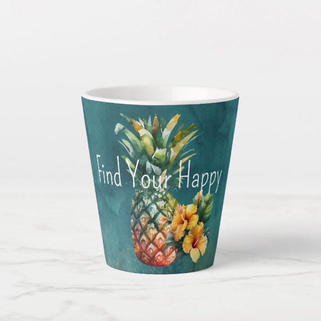 Caneca De Café Latte Flores tropicais de abacaxi Dourado Teal Hibiscus (Frente)