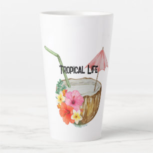 Caneca De Café Latte Flores Tropicais e Adesivo de Coco Tropical