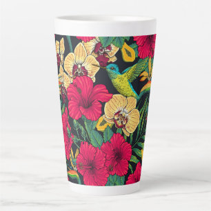 Caneca De Café Latte Flores Tropicais e Beija-flor - Botanica de Verão