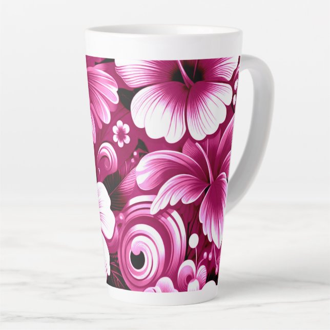 Caneca De Café Latte Flores tropicais havaianas Hibiscus Pink Padrão (Ângulo direito)