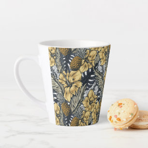 Caneca De Café Latte Flores Tropicais Negras Douradas Elegantes de luxo