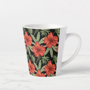 Caneca De Café Latte Flores tropicais vermelhas Folhas verdes