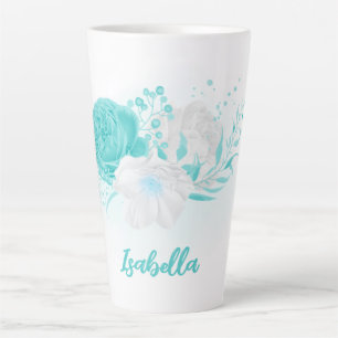 Caneca De Café Latte flores turquesa românticas