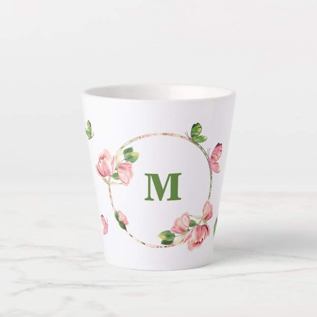 Caneca De Café Latte flores verde rosa quente borboletas  (Frente)