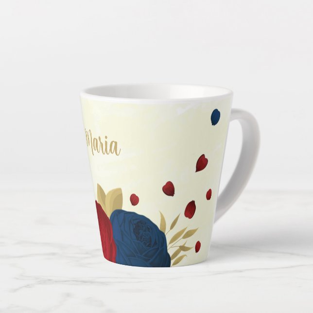 Caneca De Café Latte flores vermelhas e azuis-marinho folhas douradas c (Ângulo direito)
