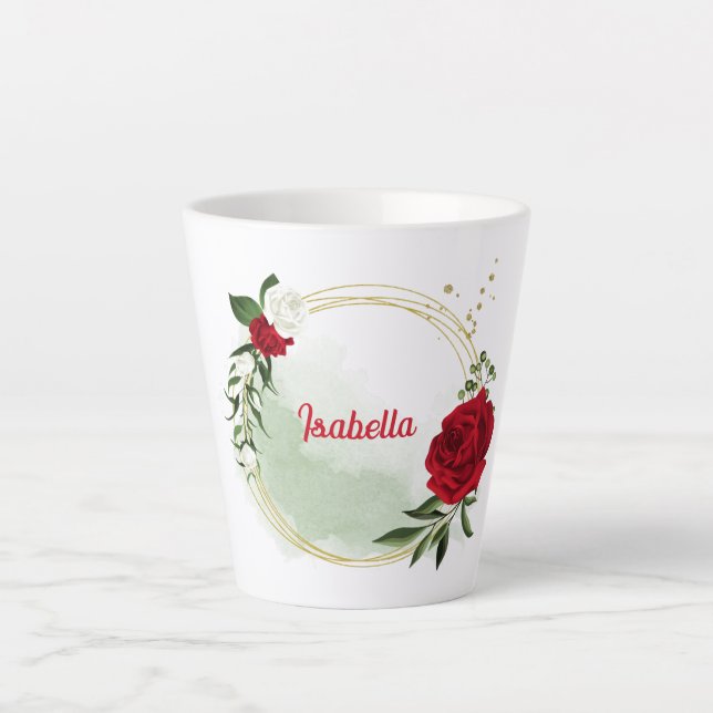 Caneca De Café Latte Flores vermelhas e brancas folhagem verde botânica (Frente)