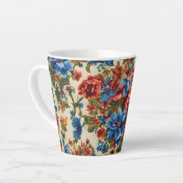 Caneca De Café Latte Flores Vermelhos e Azuis com Folhas Lush Italianas