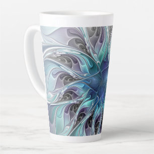 Caneca De Café Latte Florescer Floral Fractal Moderno Abstrato Com Azul