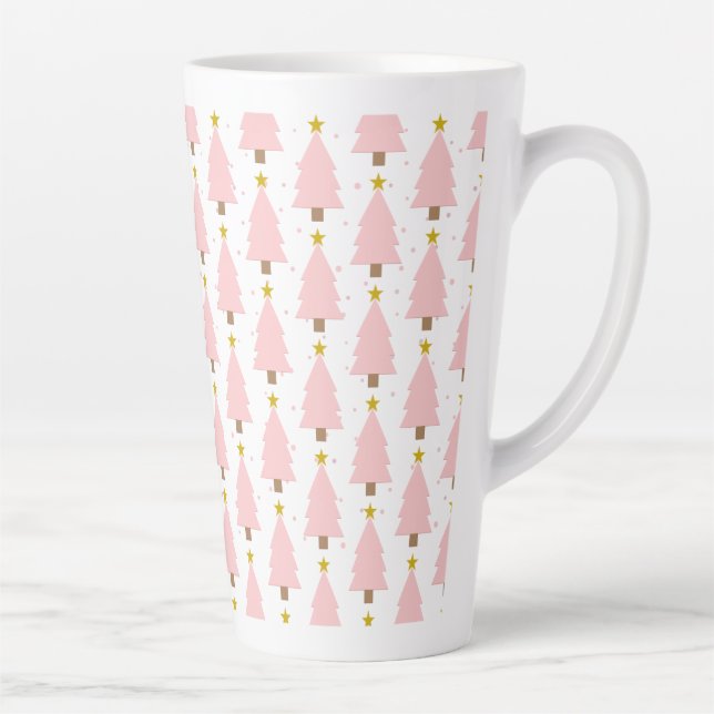 Caneca De Café Latte Floresta de Natal Rosa Elegante, Estrelas Ouros (Direita)
