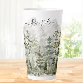 Caneca De Café Latte Floresta de Pinheiro Verde Monograma em Montanha e