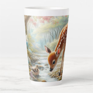 Caneca De Café Latte Florestas de primavera com pato e fada/veado