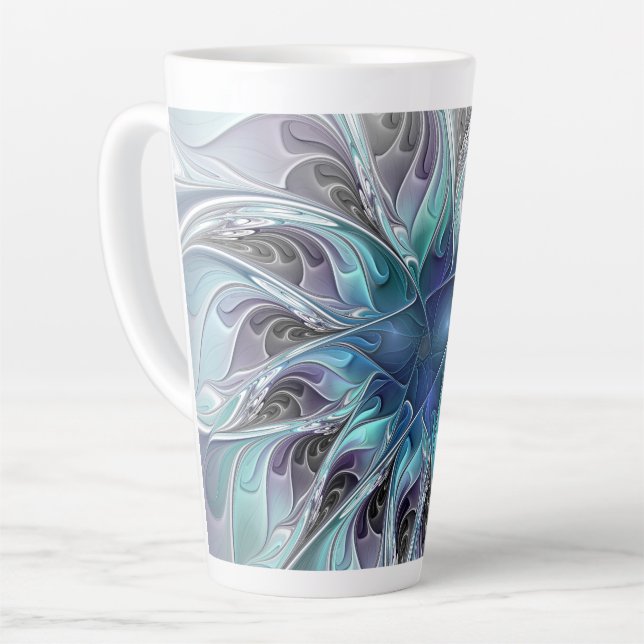 Caneca De Café Latte Flourar Abstrato Moderno Flor Fractal Com Azul (Ângulo esquerdo)
