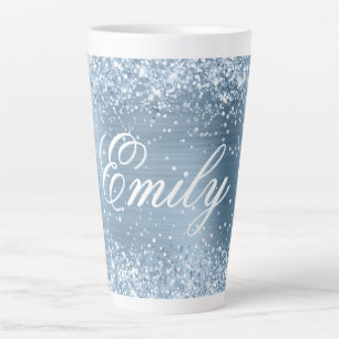 Caneca De Café Latte Folha Azul Claro da Glittery Personalizada