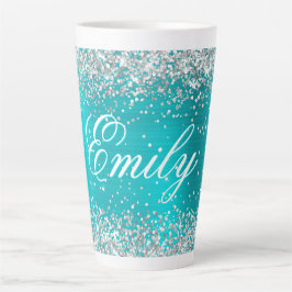 Caneca De Café Latte Folha Azul Turquesa de Silver Personalizada