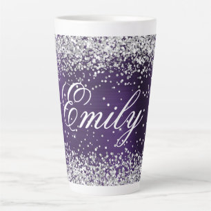 Caneca De Café Latte Folha de Violeta Escura Personalizada Silver Glitt