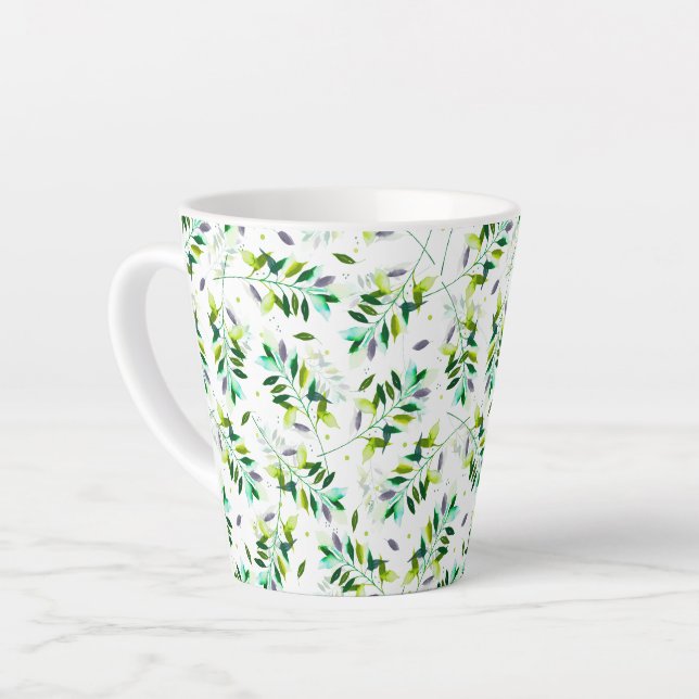Caneca De Café Latte Folhas Botânicas Violetas e Verdes (Ângulo esquerdo)